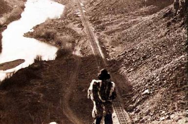 A native American overlooks the newly completed transcontinental railroad in Sacramento, c. 1867