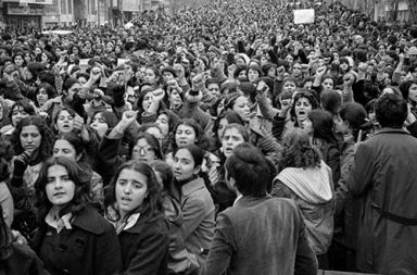 Women protesting forced hijab days after the Iranian Revolution, 1979