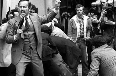 The chaotic scene after the attempted assassination of President Reagan, 1981