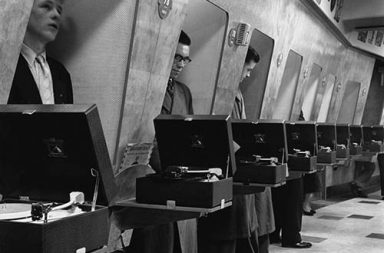 Vinyl listening booth to discover new music, 1950s