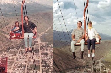Vintage pictures of Snow King Chairlifts without any safety bars that look very unsafe, 1950-1970