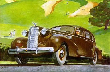 A collection of vintage automobile ads between the 1900s and 1950s