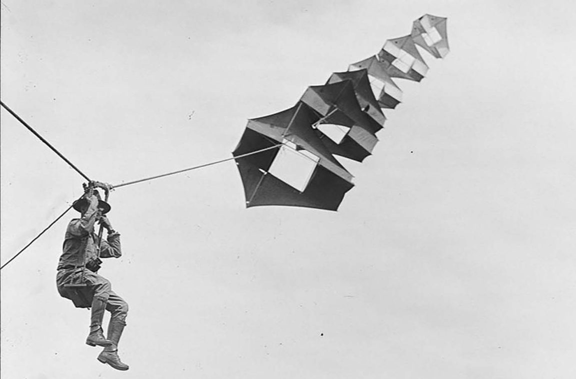 Photos of manlifting kites that were used for aerial reconnaissance