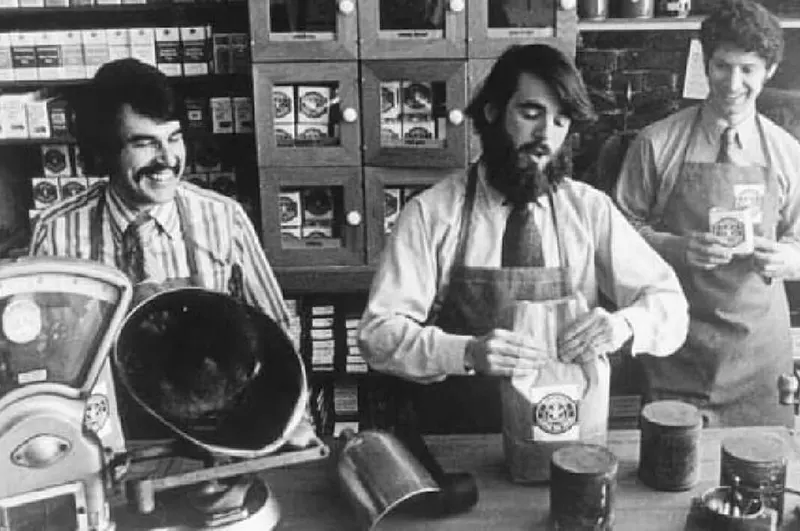 Starbucks' founders at its first location, 1971.